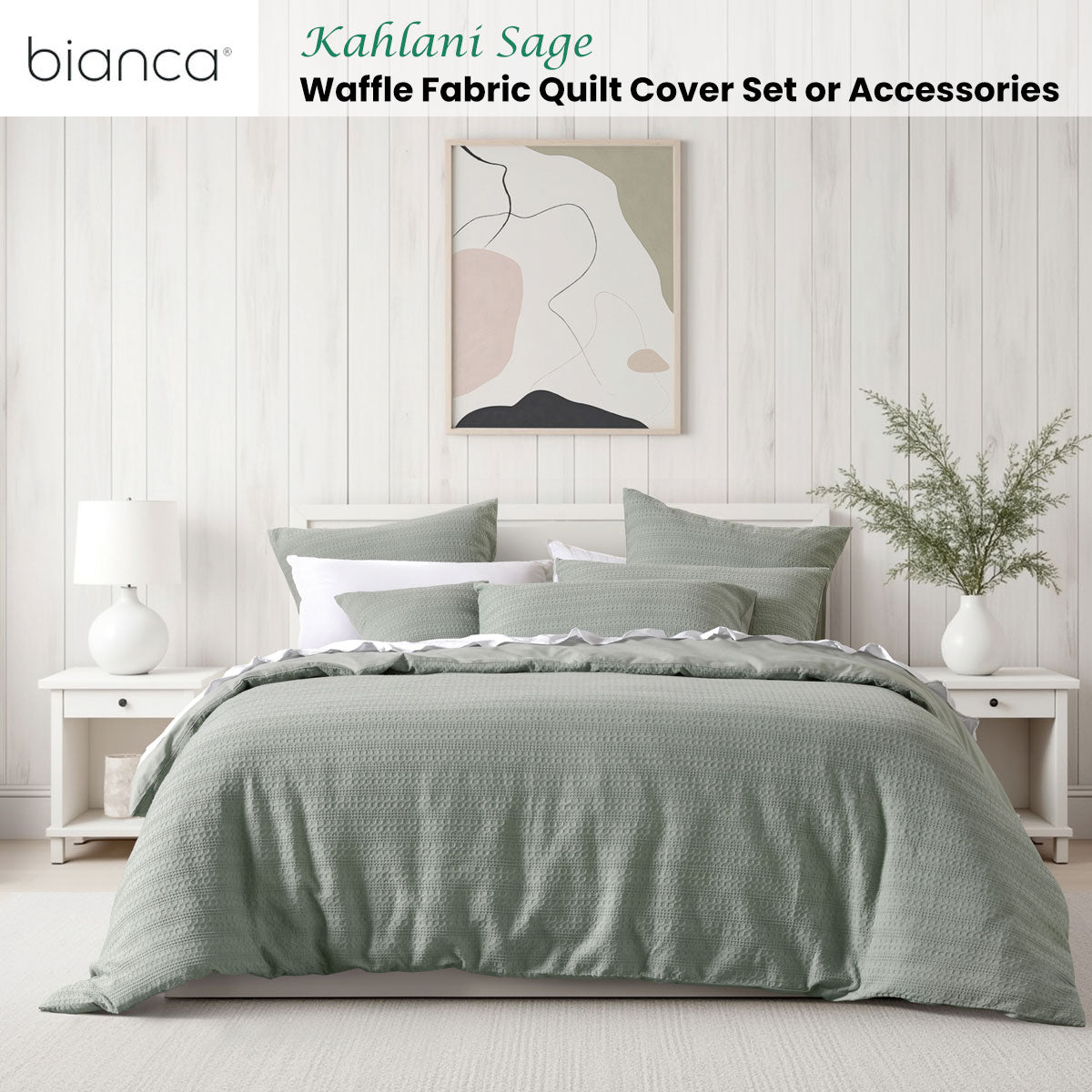 Bianca Kahlani Sage Waffle Quilt Cover Set Queen on styled bed with pillows and neutral bedroom decor
