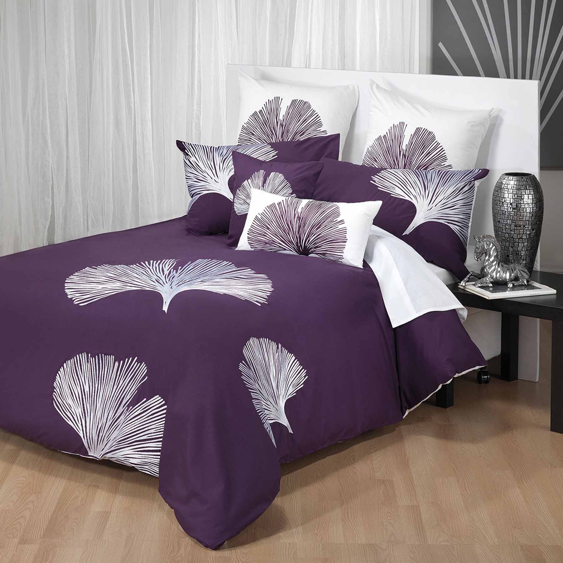 Kalista Aubergine Quilt Cover Set Queen with embroidered white leaf design on aubergine bedding displayed on modern white bed