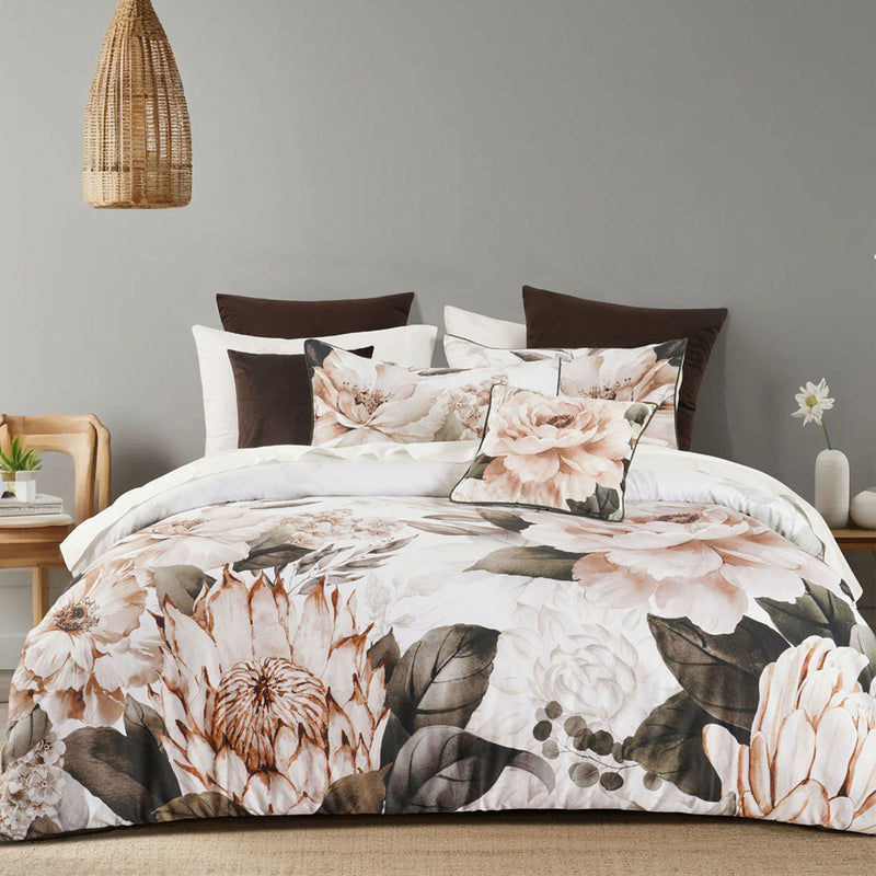 Bianca Somerset White Cotton Sateen Floral Quilt Cover Set Double with autumn floral print on white bedding in styled bedroom setting