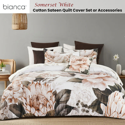 Bianca Somerset White Cotton Sateen Floral Quilt Cover Set Double with soft autumn floral design on white bed in bedroom setting