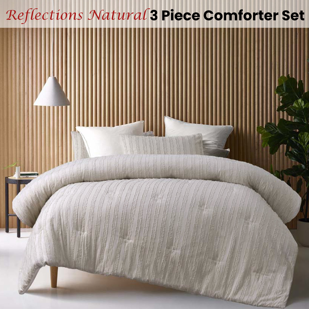 Vintage Design Homewares Reflections Natural 3 Piece Comforter Set Queen on bed in modern bedroom setting