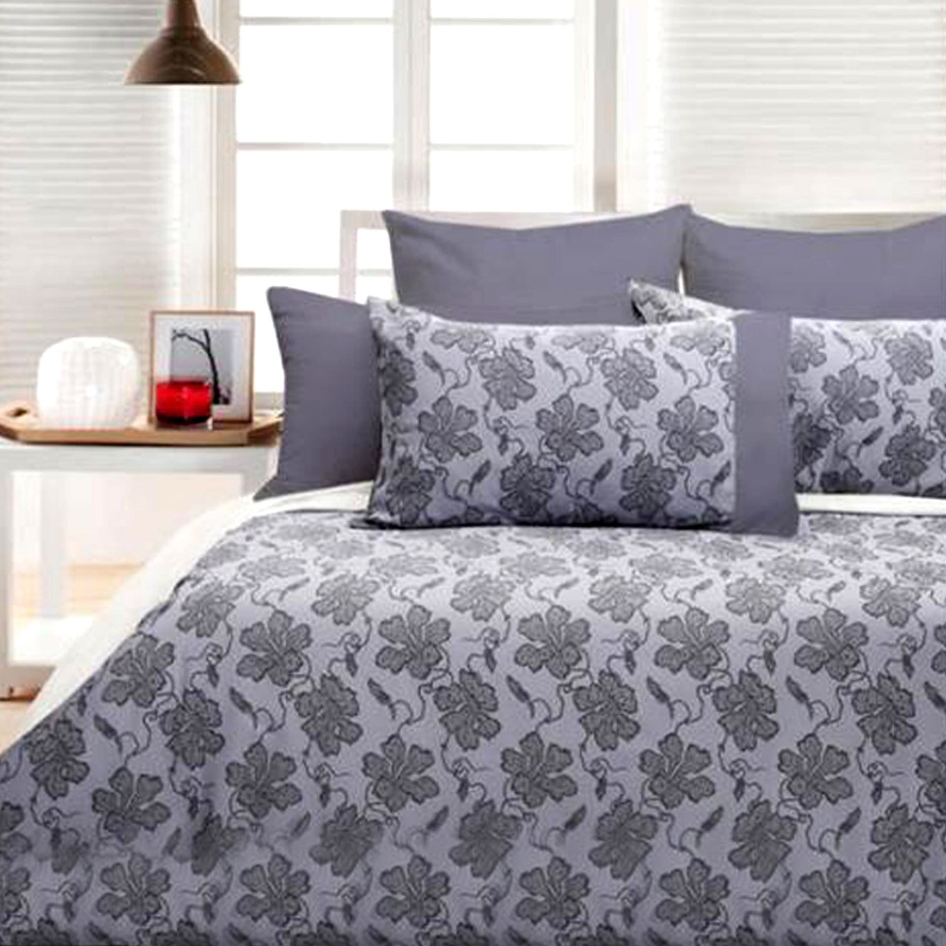 Cranbrook Lilac Quilt Cover Set Black KING with jacquard floral design, plain dyed fabric, and coordinating pillowcases in a bedroom setting