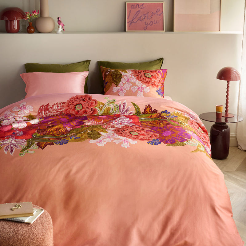 Oilily Livia Multi Cotton Floral Quilt Cover Set Queen with bold floral design in pink, purple, green, and red on bed.