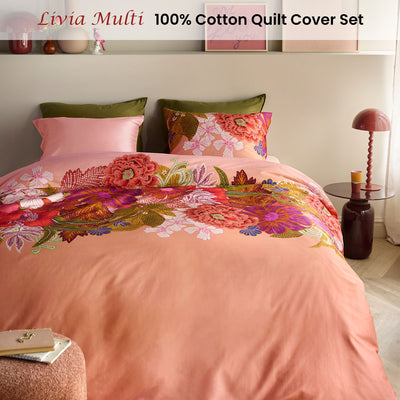 Oilily Livia Multi Cotton Floral Quilt Cover Set Queen with vibrant floral pattern in pink and green, styled in bedroom setting