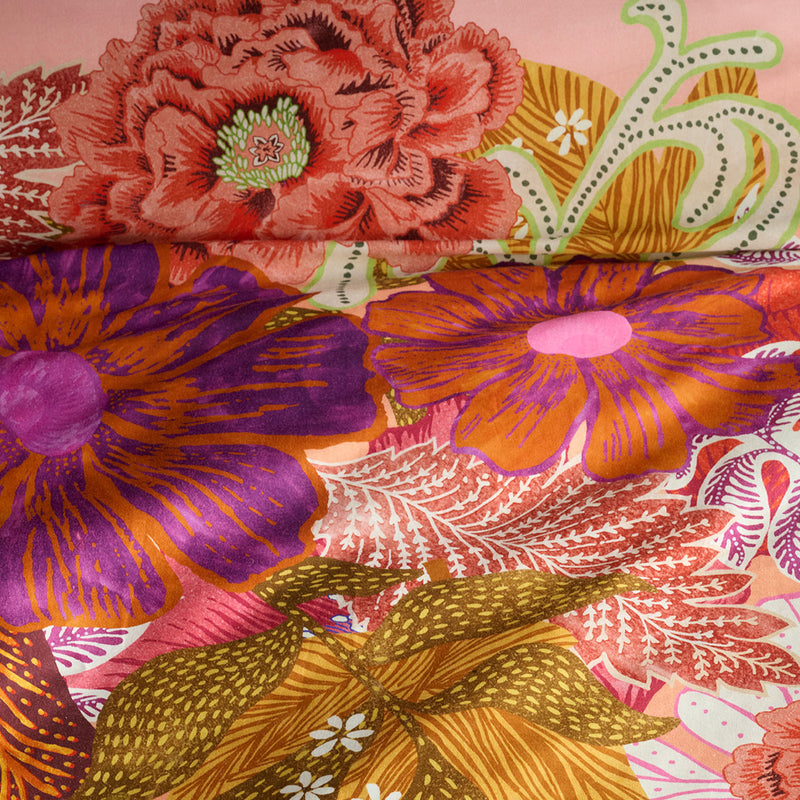 Oilily Livia Multi Cotton Floral Quilt Cover Set Queen with vibrant floral design in purple, red, green, and brown tones