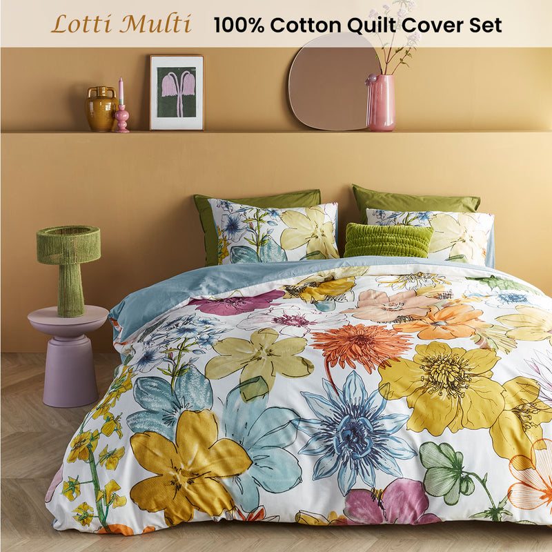 Bedding House Lotti Multi Cotton Floral Quilt Cover Set King with colorful hand-drawn flowers on a bed in a styled bedroom