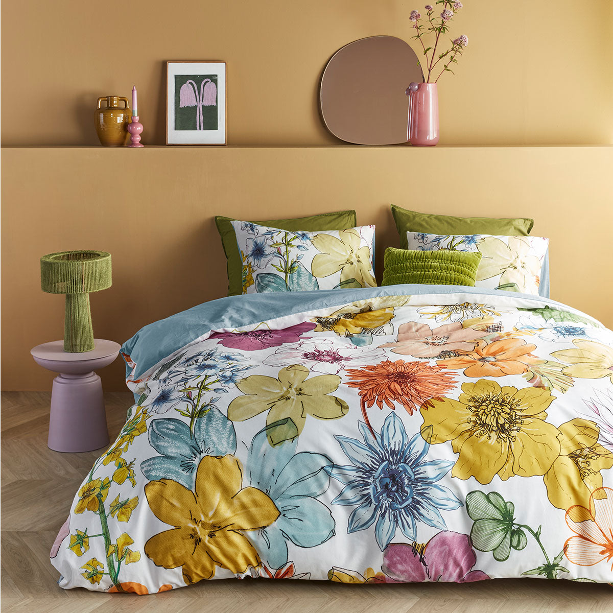 Bedding House Lotti Multi Cotton Floral Quilt Cover Set Queen with vibrant floral print on bed in styled bedroom setting