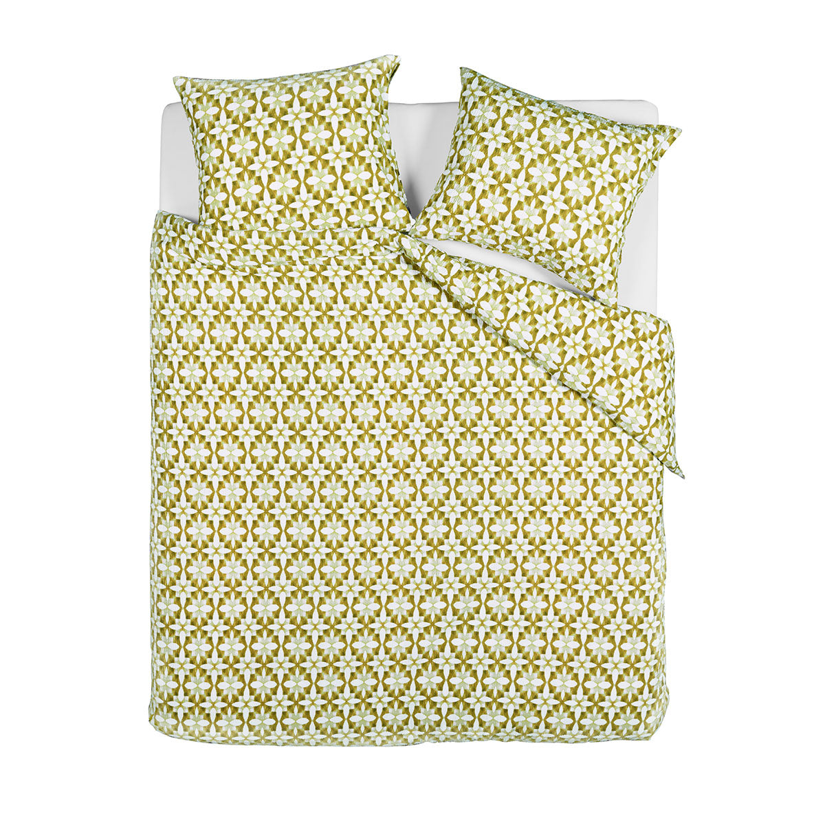 Bedding House Mae Green Seersucker Cotton Quilt Cover Set Queen with hand-painted tile pattern in green and white on bed