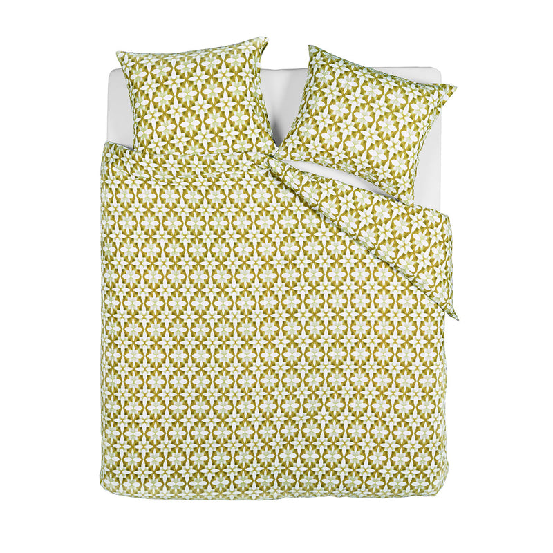 Bedding House Mae Green Seersucker Cotton Quilt Cover Set Queen with hand-painted tile pattern in green and white on bed