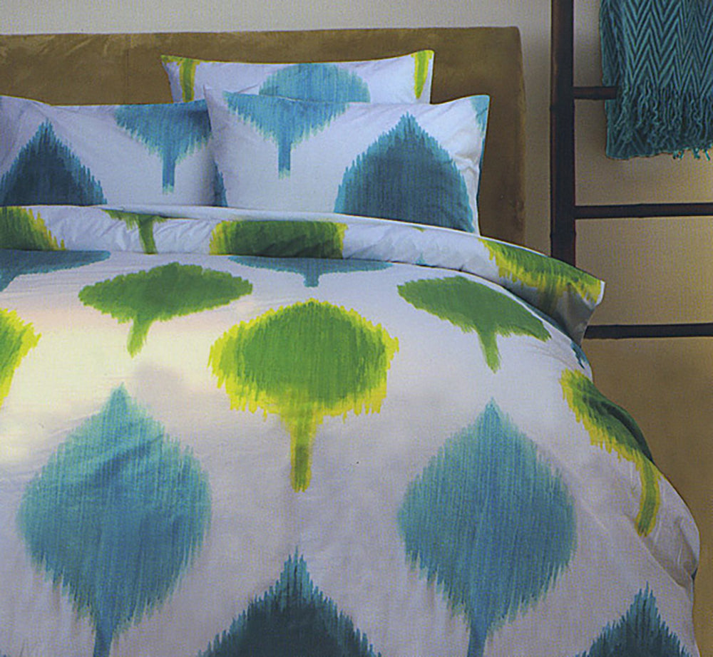 MAPLE Quilt Cover Set White KING with deep aqua, yellow, and lime green maple leaf print on white bedding by Bedzy