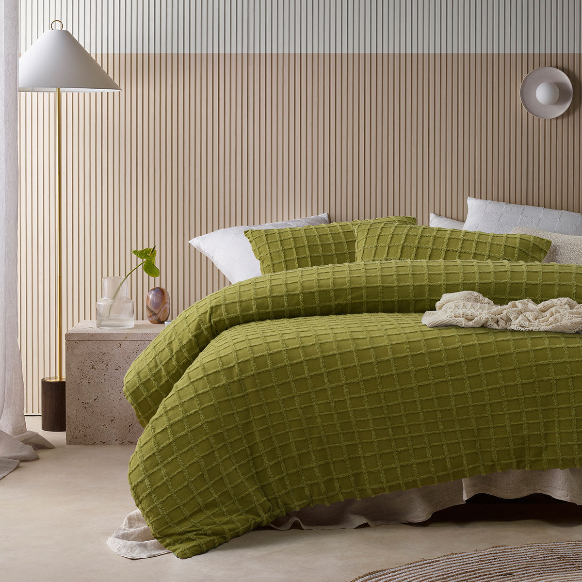 Vintage Design Homewares Parquet Cacti Green Cotton Quilt Cover Set Double on bed in modern bedroom with side table and lamp