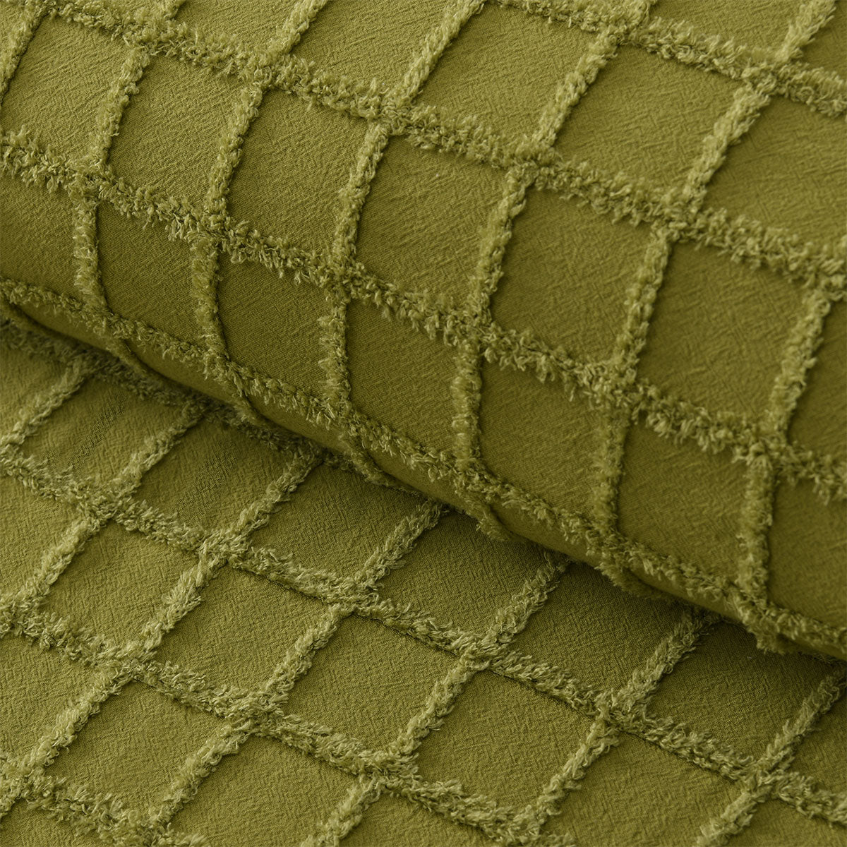 Close-up of textured green fabric with raised check pattern for Vintage Design Homewares Parquet Cacti Green Cotton Quilt Cover Set Double