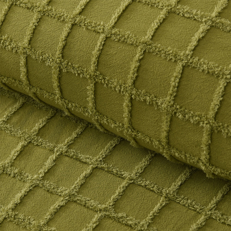 Close-up of textured green fabric with raised check pattern for Vintage Design Homewares Parquet Cacti Green Cotton Quilt Cover Set Double