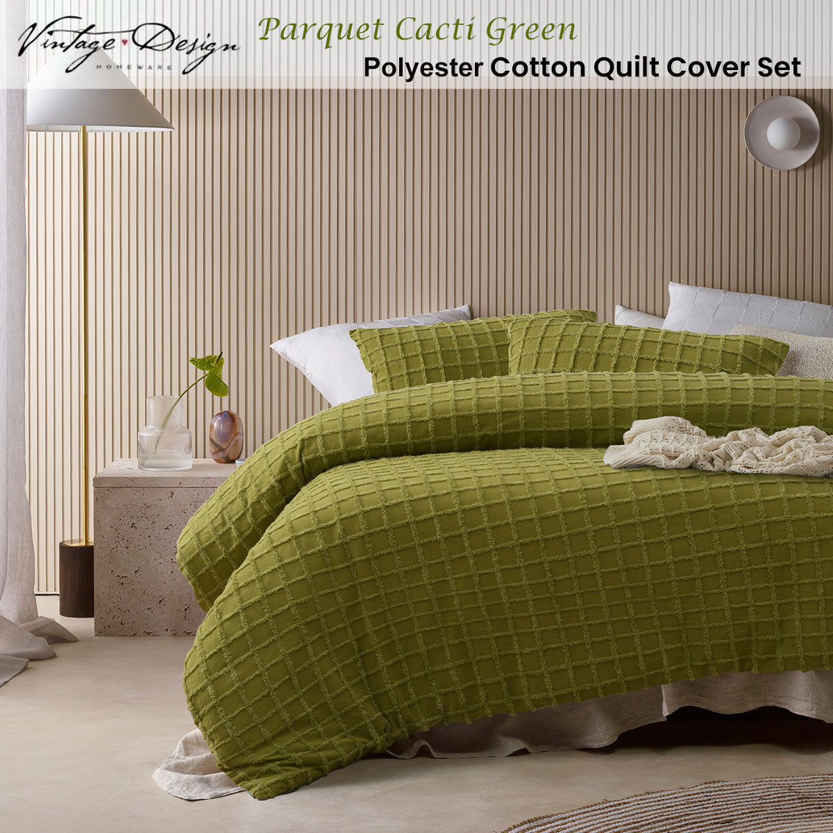 Vintage Design Homewares Parquet Cacti Green Cotton Quilt Cover Set Single