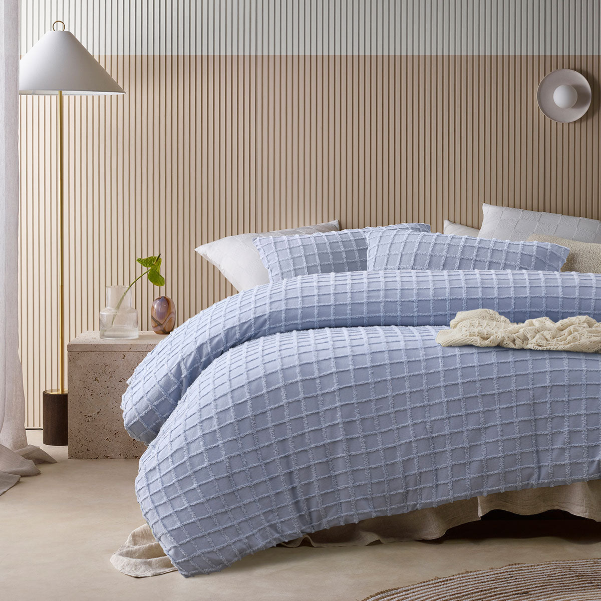 Vintage Design Homewares Parquet Snooze Blue Cotton Quilt Cover Set Queen displayed on bed with pillows in modern bedroom setting
