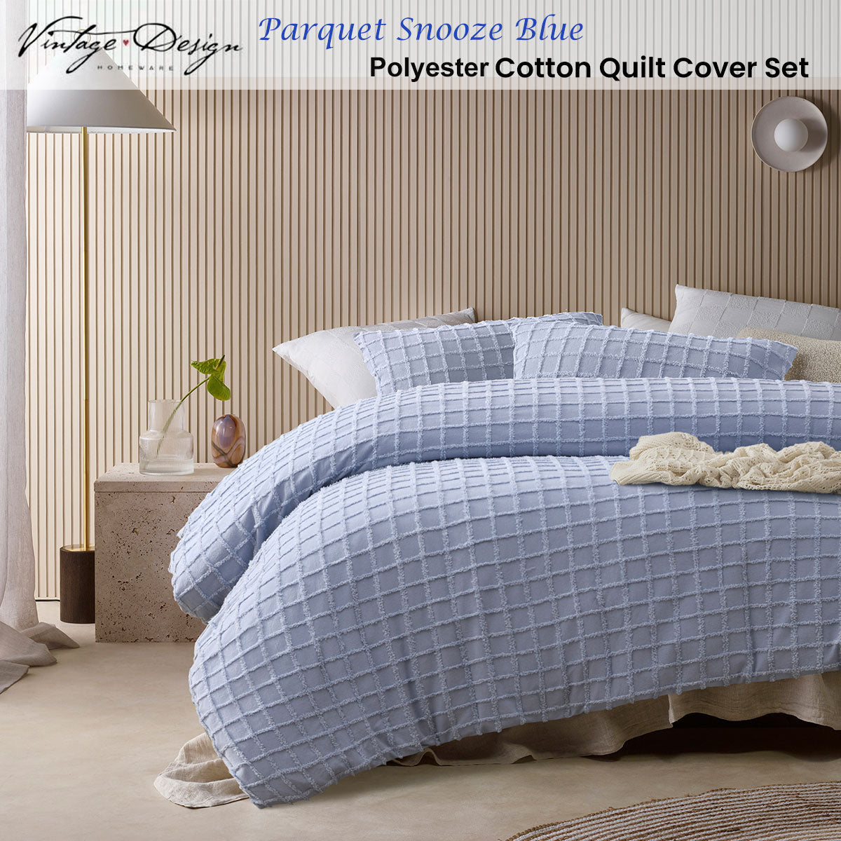 Vintage Design Homewares Parquet Snooze Blue Cotton Quilt Cover Set Single on bed with pillows in bedroom setting