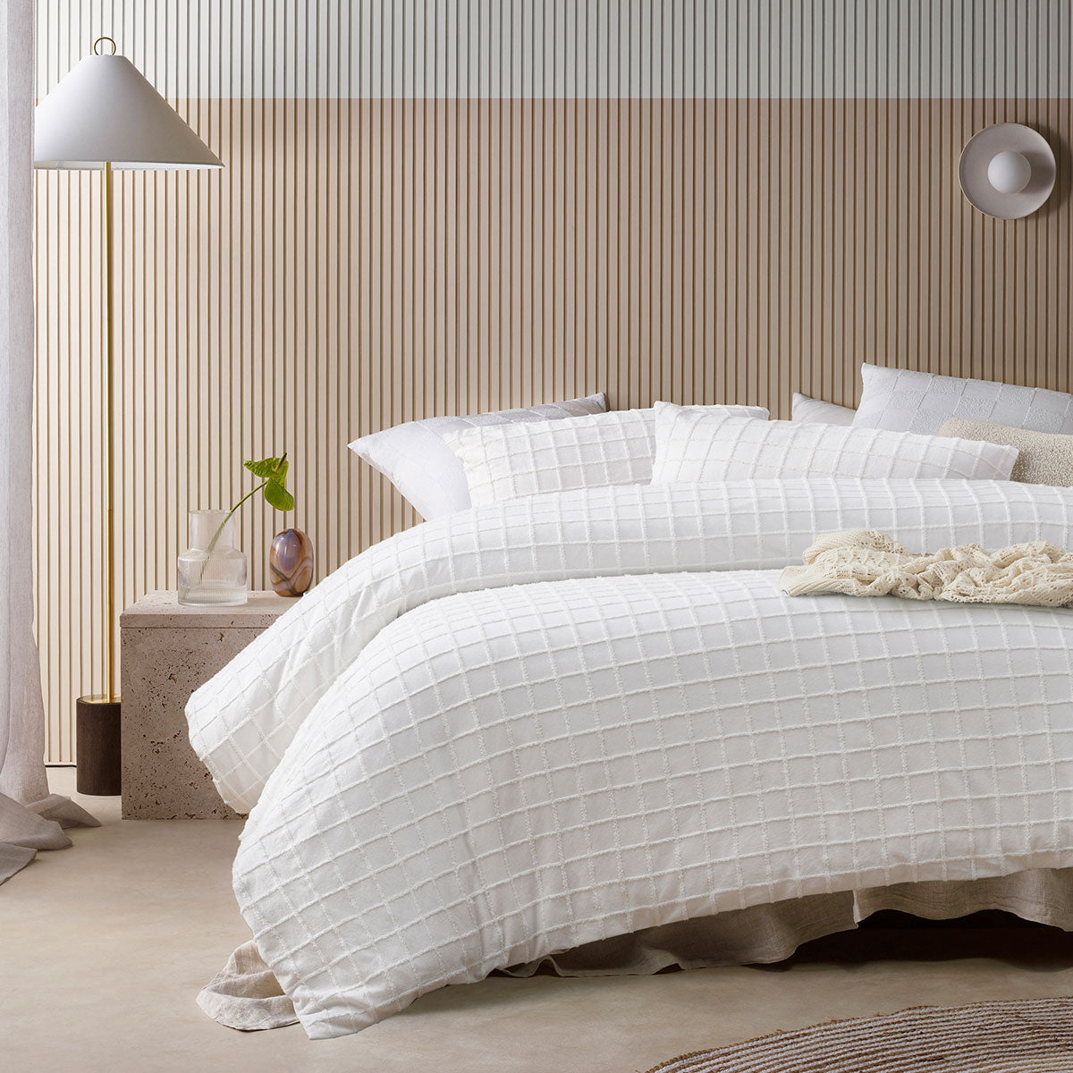 Vintage Design Homewares Parquet White Cotton Quilt Cover Set Double on bed with textured pattern in modern bedroom setting