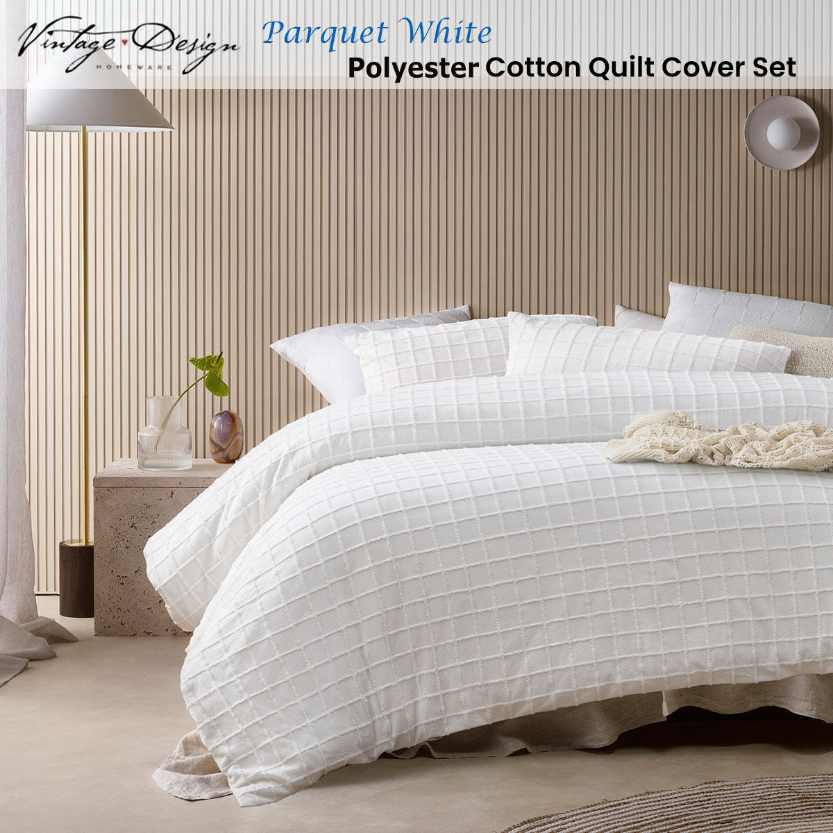 Vintage Design Homewares Parquet White Cotton Quilt Cover Set Double styled on bed with pillows in neutral bedroom setting
