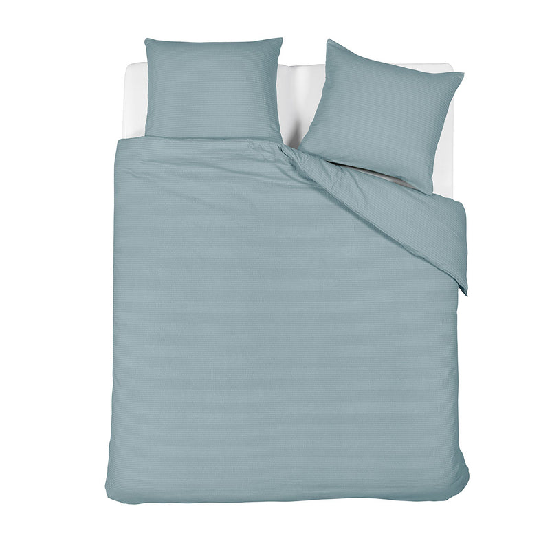 Bedding House Summer Blue Grey Seersucker Cotton Quilt Cover Set King with two matching pillowcases on white bed