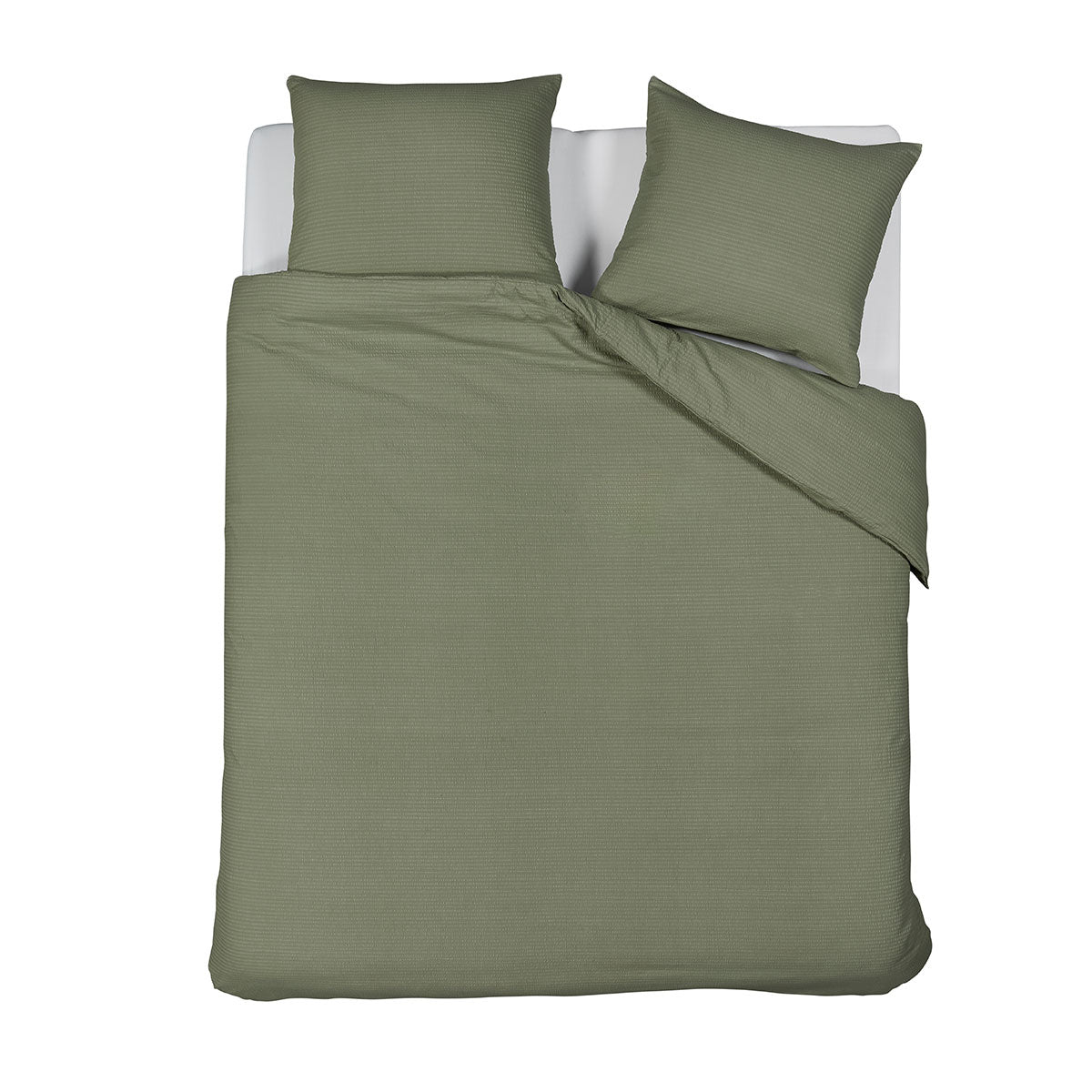 Bedding House Summer Green Seersucker Cotton Quilt Cover Set King with two matching pillowcases on white bed