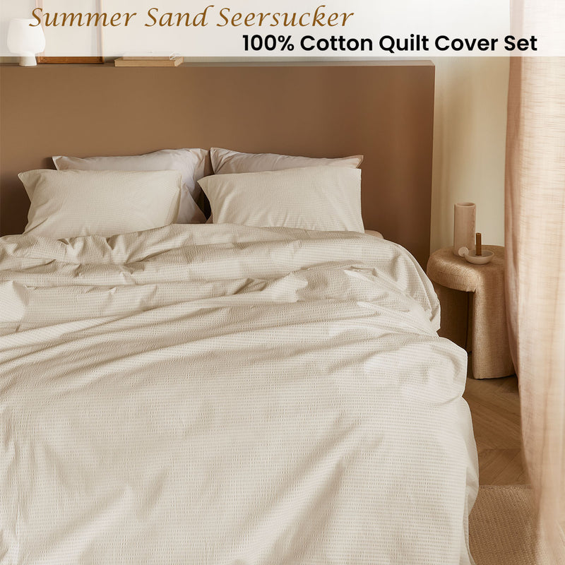 Bedding House Summer Sand Seersucker Cotton Quilt Cover Set King on bed with pillows in neutral bedroom setting