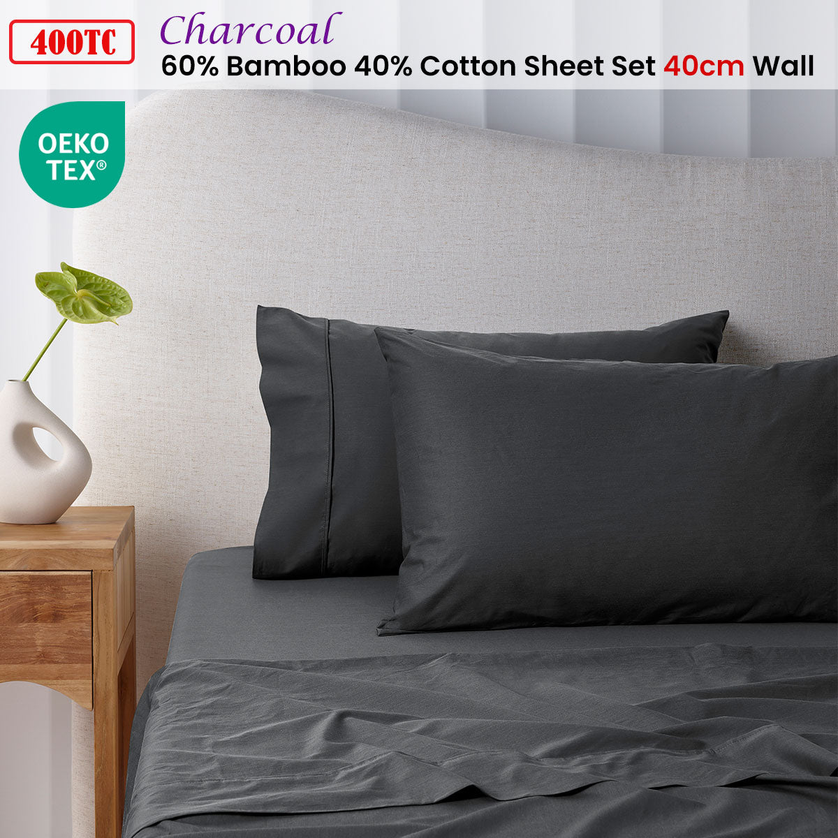400TC Charcoal Bamboo Cotton Sheet Set 40cm Wall King