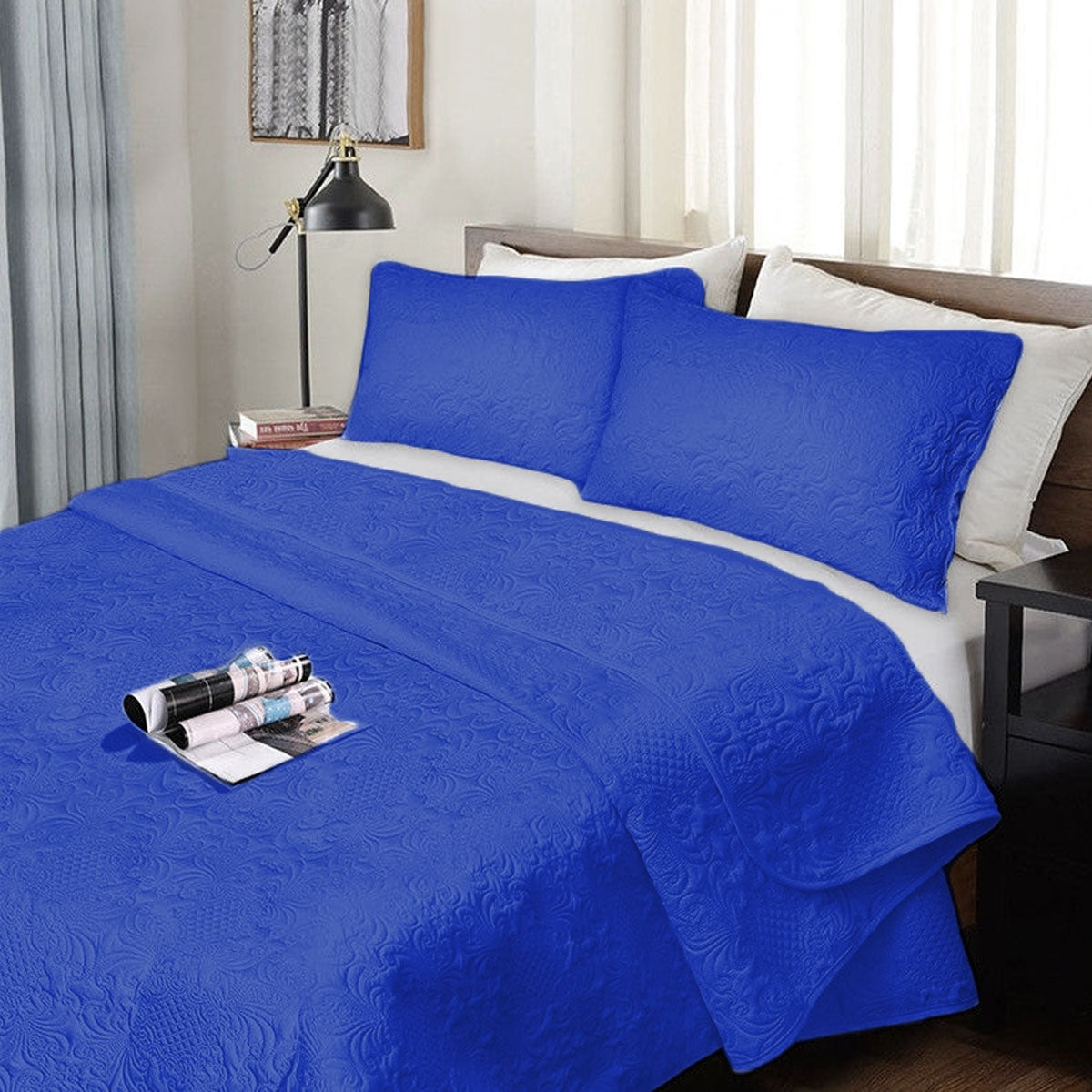 3 Piece Ultrasonic Comforter Set Queen Royal Blue