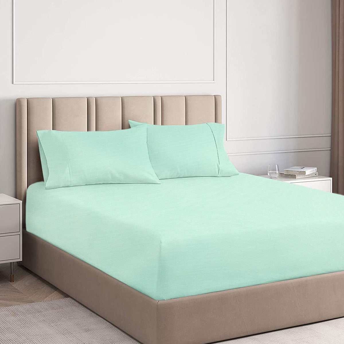 Aqua 2000TC Cooling Bamboo Combo Set King Single in light aqua on beige upholstered bed in a modern bedroom setting