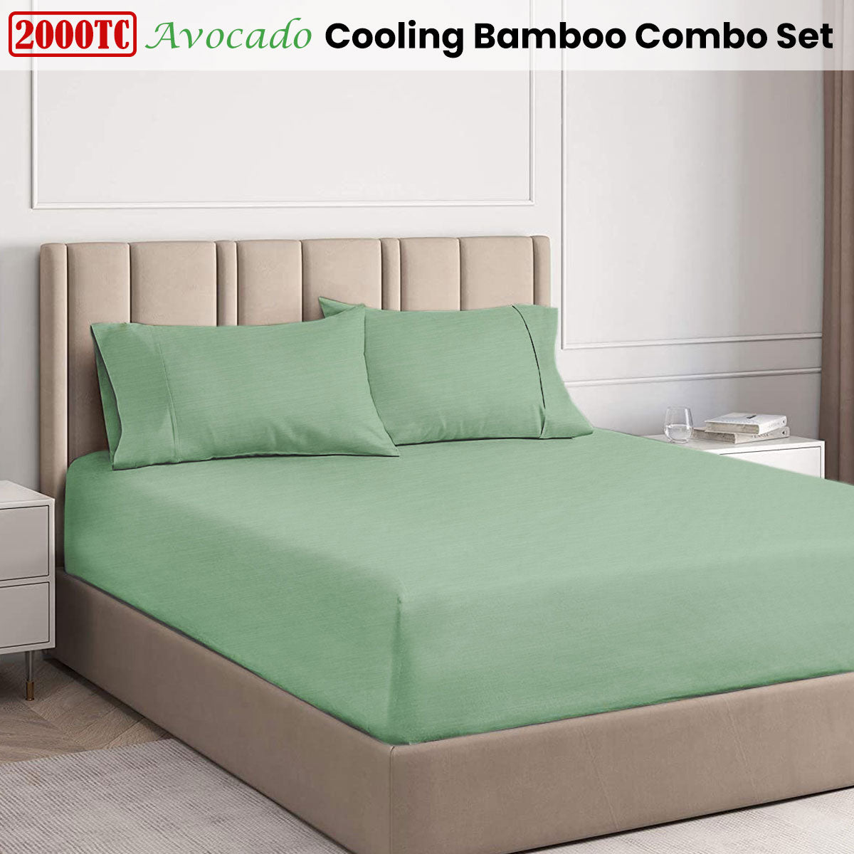 Avocado 2000TC Cooling Bamboo Combo Set Double in green on beige bed with matching pillows in modern bedroom setting