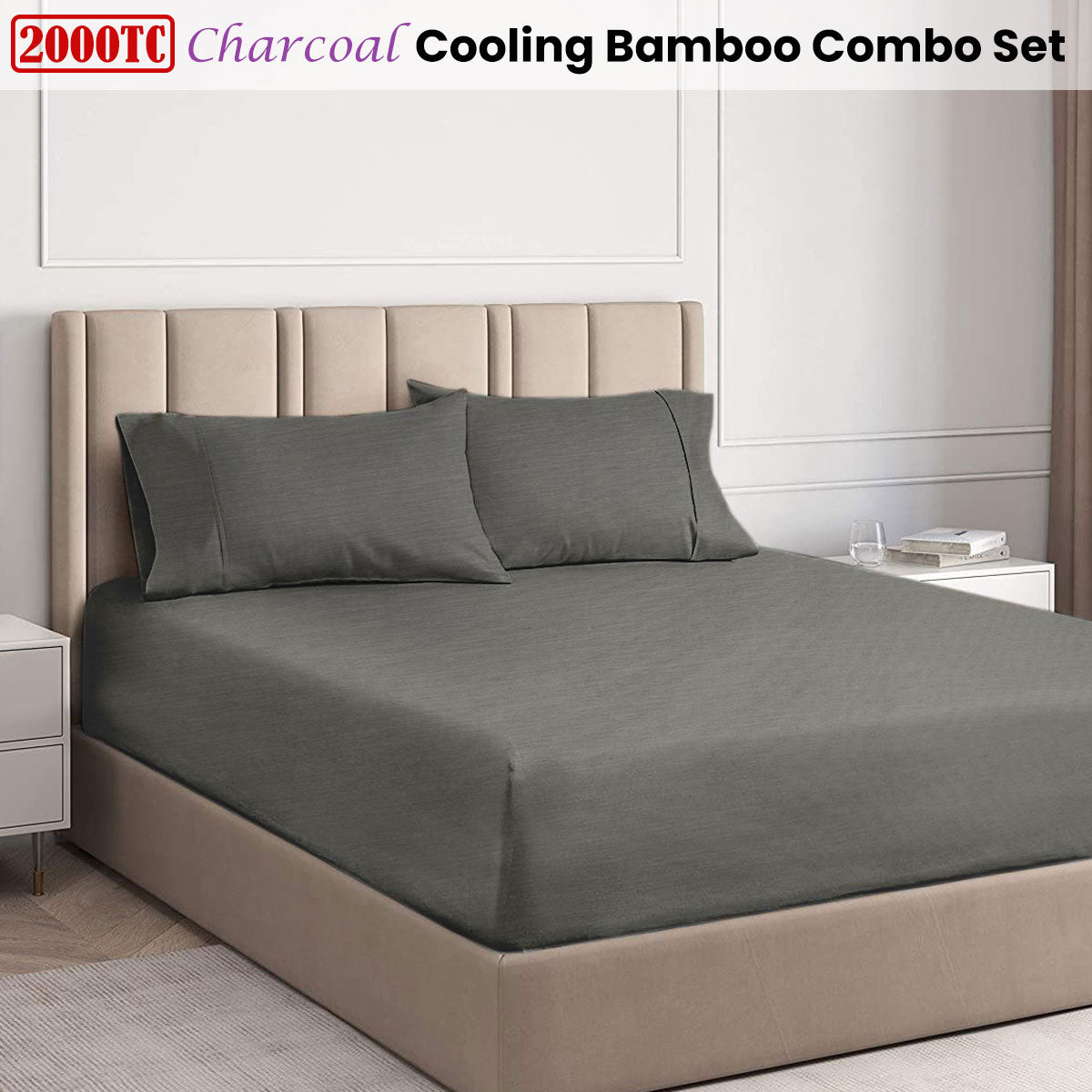 Charcoal 2000TC Cooling Bamboo Combo Set Double on beige upholstered bed with matching pillows in modern bedroom setting