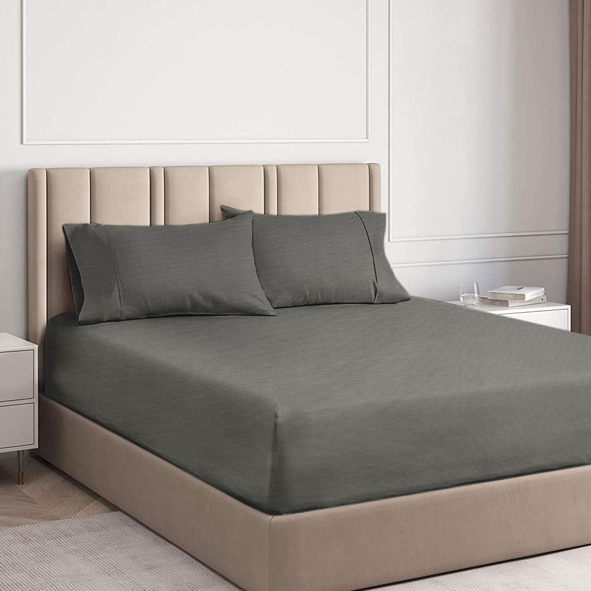Charcoal 2000TC Cooling Bamboo Combo Set King Single with soft bamboo sheets on beige upholstered bed in modern bedroom