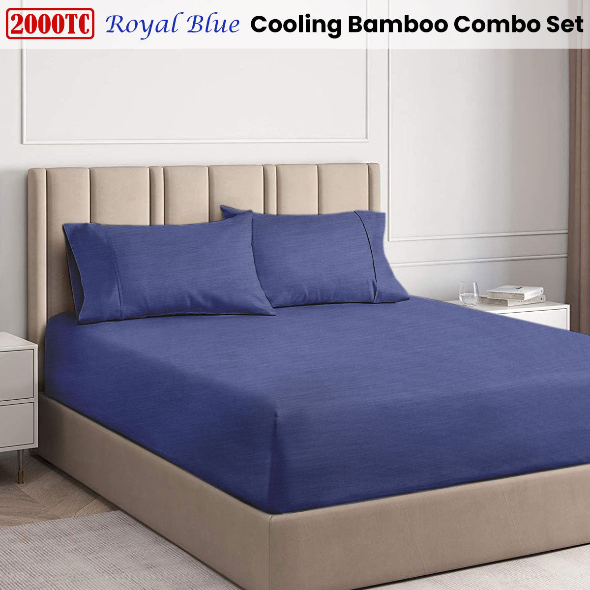 Royal Blue 2000TC Cooling Bamboo Combo Set Double on beige upholstered bed in modern bedroom with bedside tables