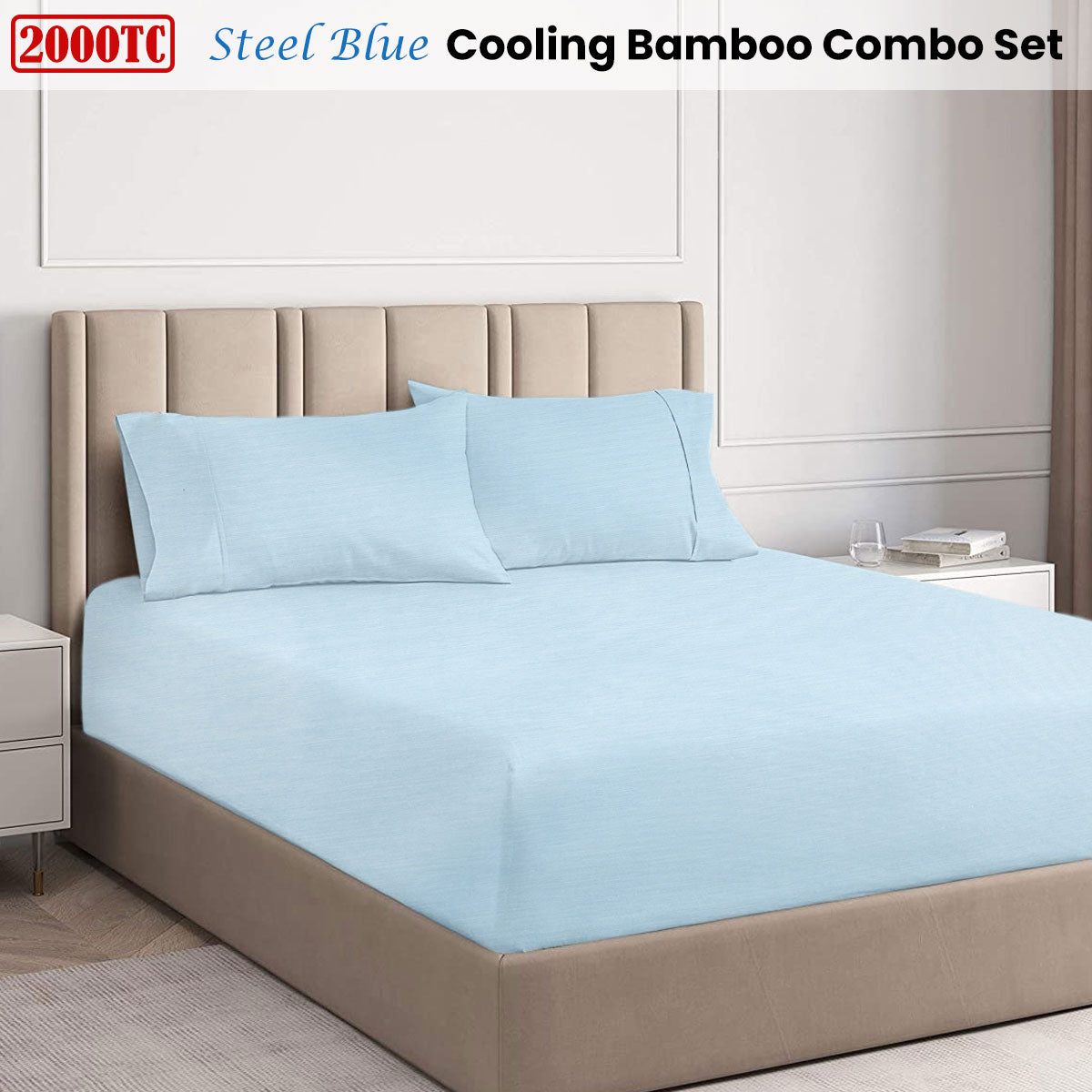 Steel Blue 2000TC Cooling Bamboo Combo Set Queen on beige upholstered bed in modern bedroom with white nightstands