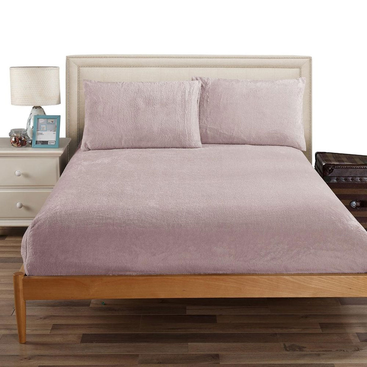 Teddy Fleece Fitted Sheet Combo Set Dusty Pink King on wooden bed frame with beige headboard and bedroom furniture
