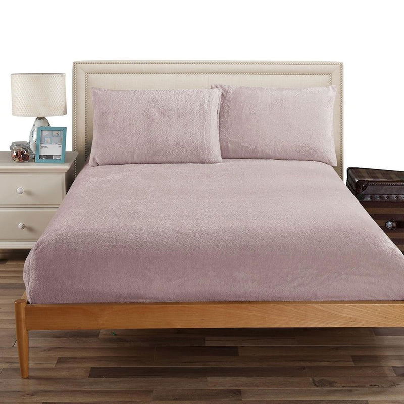 Teddy Fleece Fitted Sheet Combo Set Dusty Pink King on wooden bed frame with beige headboard and bedroom furniture