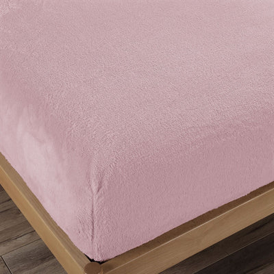 Teddy Fleece Fitted Sheet Combo Set Dusty Pink King on wooden bed frame, soft plush texture for bedroom comfort
