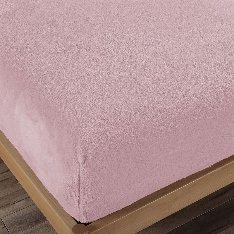 Teddy Fleece Fitted Sheet Combo Set Dusty Pink King on wooden bed frame, soft plush texture for bedroom comfort