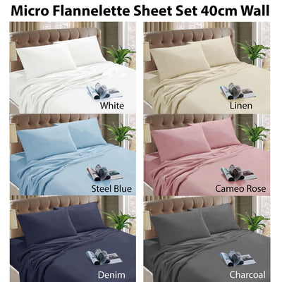 Micro Flannelette Sheet Set 40 cm Wall Steel Blue Single