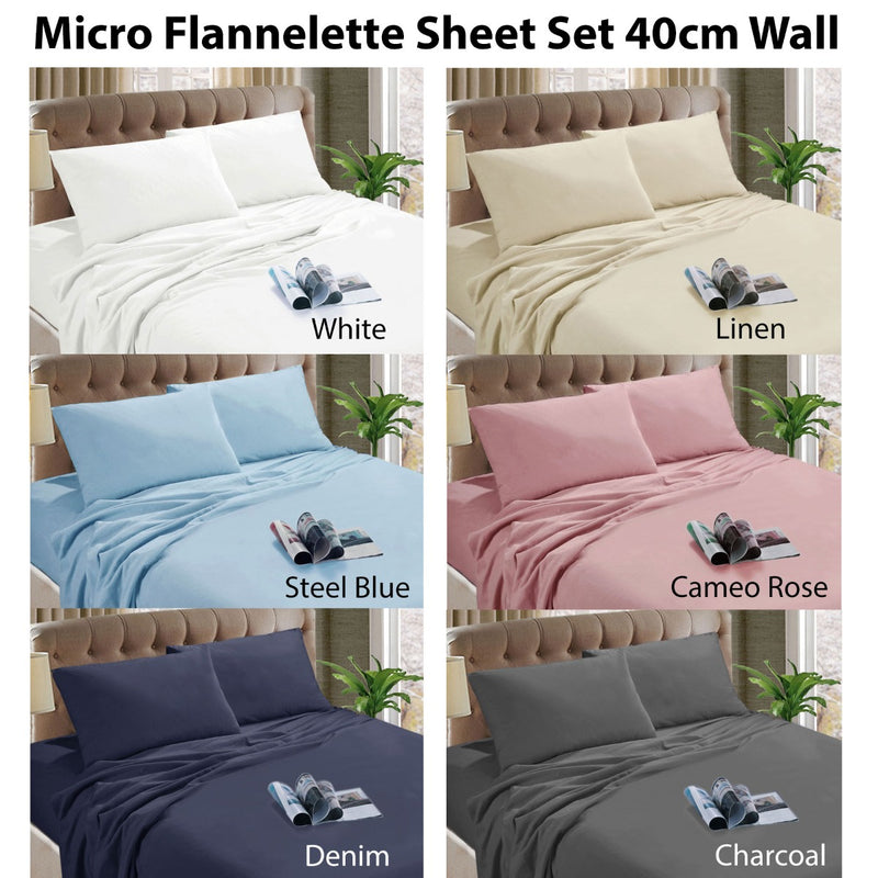 Micro Flannelette Sheet Set 40 cm Wall Steel Blue Single-2