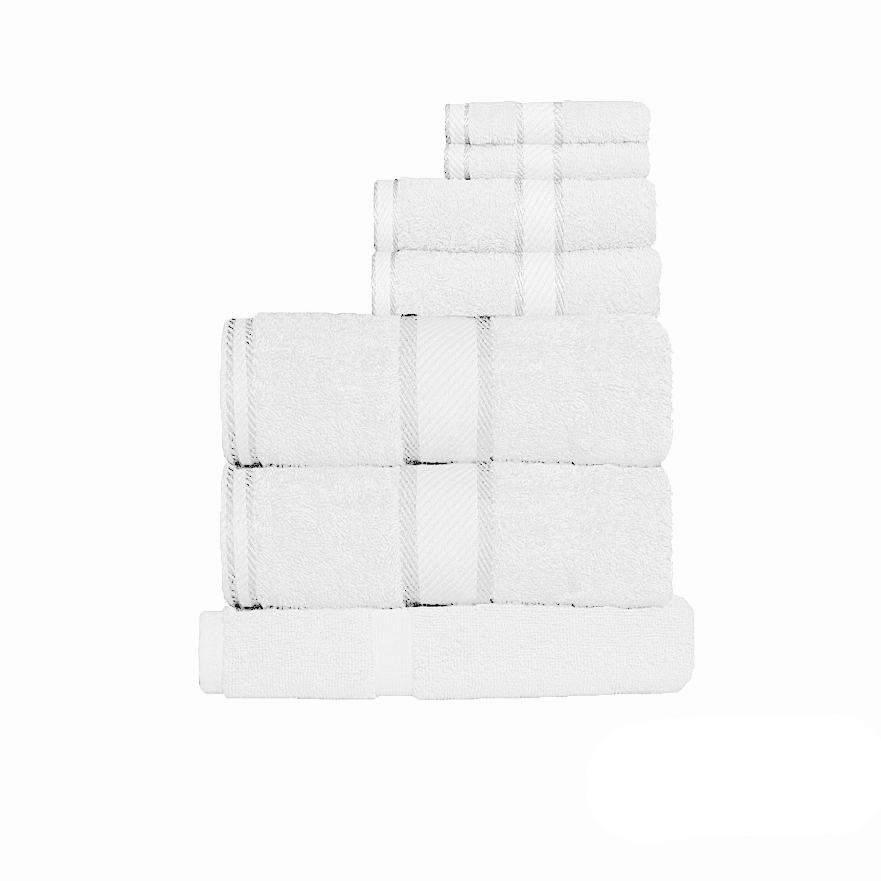 550gsm Cotton 7 Pce Towel Set White stacked, showing soft, absorbent towels in various sizes on white background.