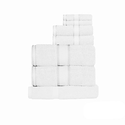550gsm Cotton 7 Pce Towel Set White stacked, showing soft, absorbent towels in various sizes on white background.