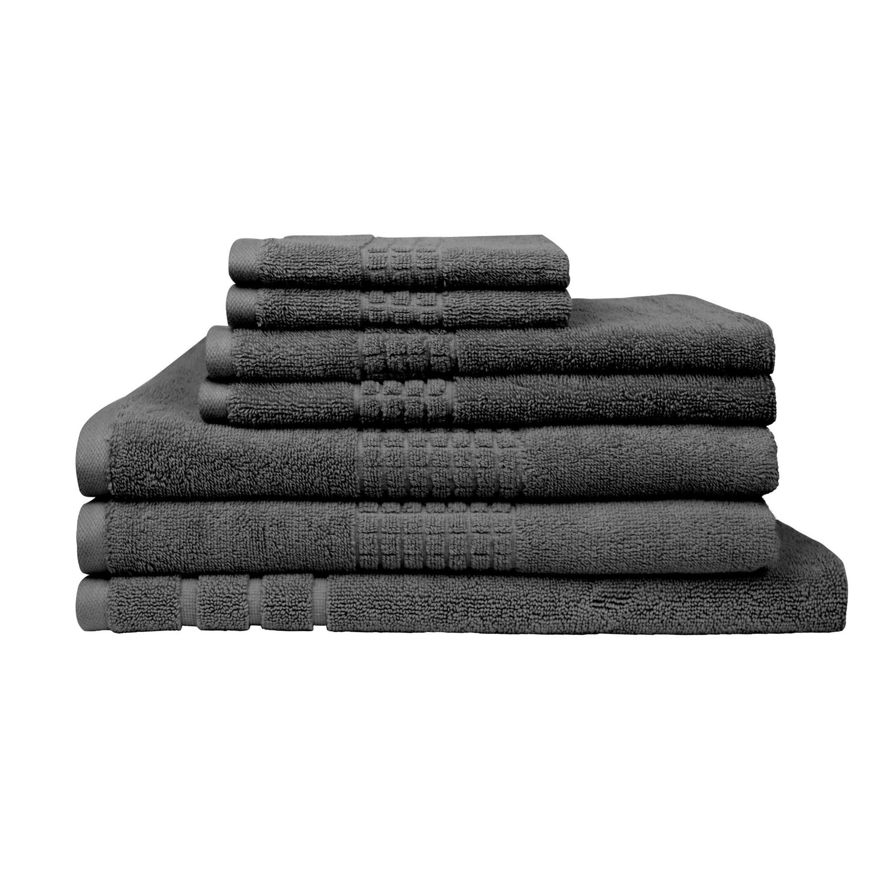 Rans Montage 7 Piece Cotton Bath Towel Set - Charcoal stacked towels showing texture and weave detail on white background