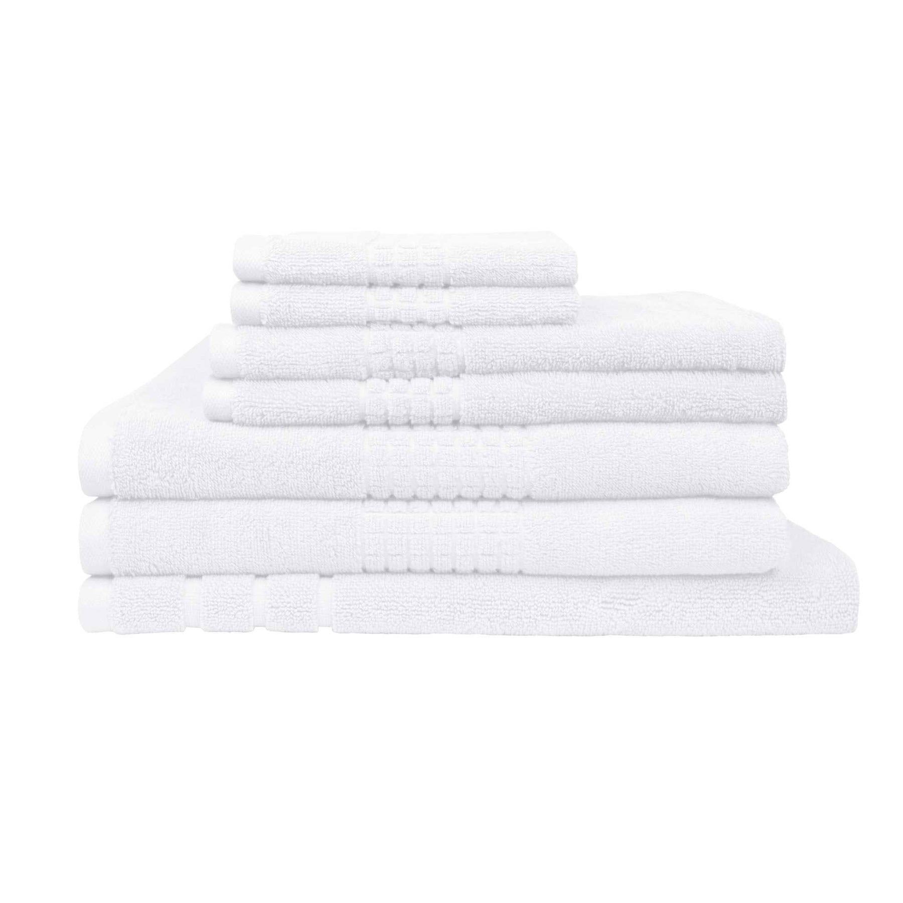 Rans Montage 7 Piece Cotton Bath Towel Set - White neatly stacked showing texture and soft cotton absorbency.