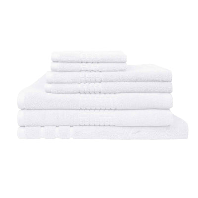 Rans Montage 7 Piece Cotton Bath Towel Set - White neatly stacked showing texture and soft cotton absorbency.