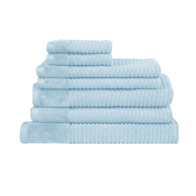 Stack of soft baby blue towels from the Royal Excellency 7 Piece Cotton Bath Towel Set arranged on white background