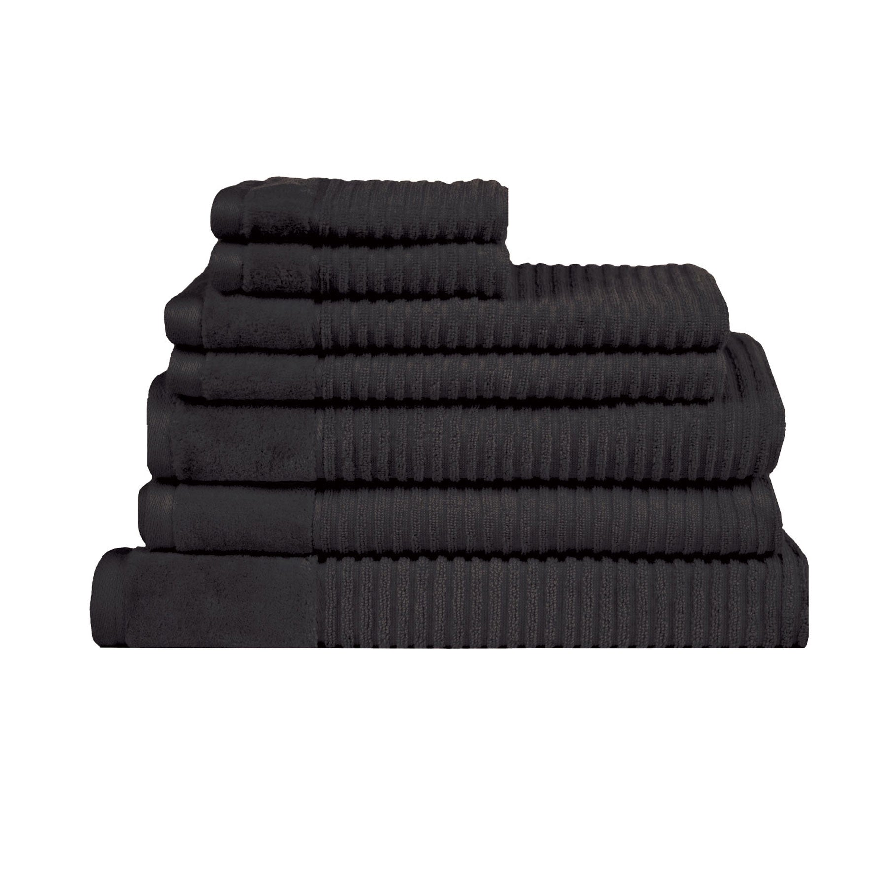 Royal Excellency 7 Piece Cotton Bath Towel Set - Black, stacked and folded, showing textured cotton fabric design