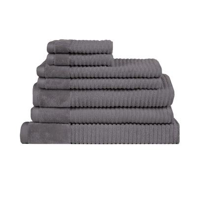 Stacked Royal Excellency 7 Piece Cotton Bath Towel Set - Charcoal in varying sizes with textured stripe detailing on white background