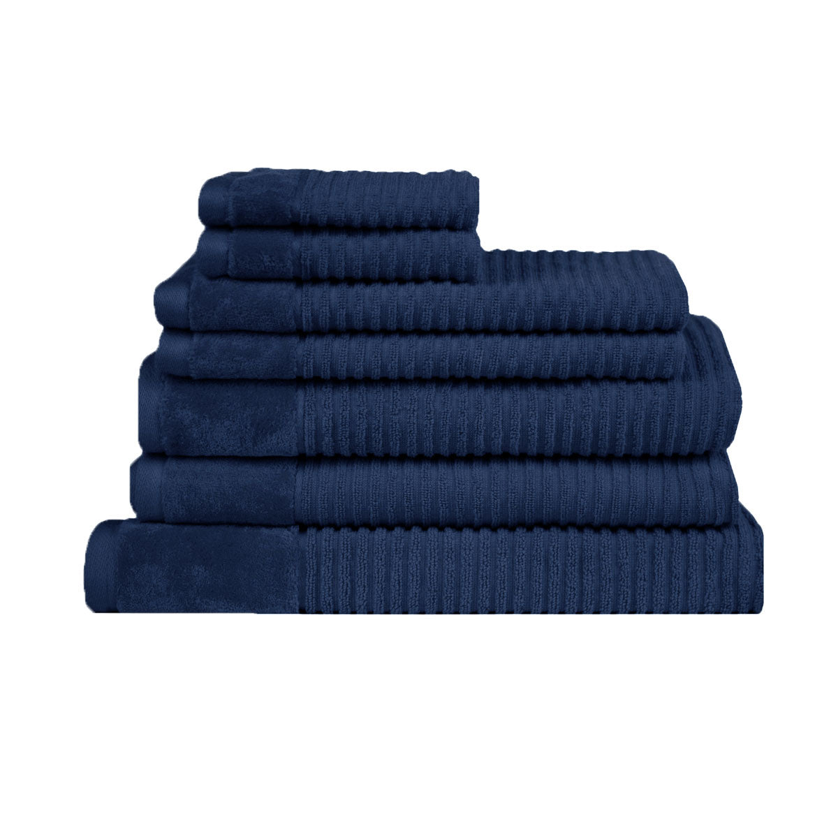 Royal Excellency 7 Piece Cotton Bath Towel Set - Navy stacked neatly, showing plush texture and ribbed detailing