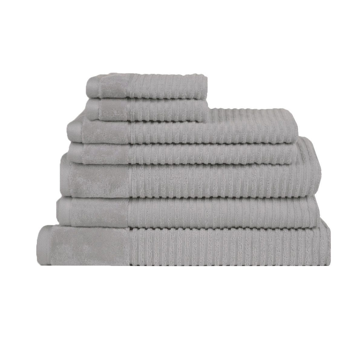 Royal Excellency 7 Piece Cotton Bath Towel Set - Silver stacked towels with textured stripe design on white background