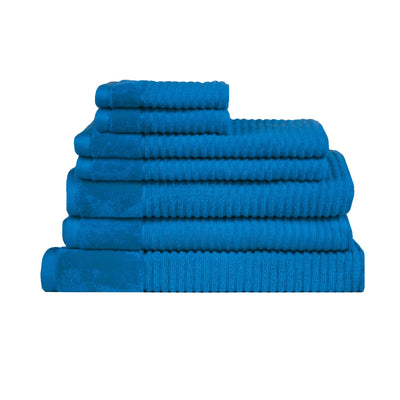 Royal Excellency 7 Piece Cotton Bath Towel Set - Teal, stacked, textured cotton towels with ribbed detailing on white background